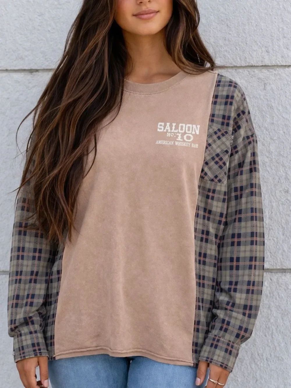 Upcycled Saloon Long sleeve Plaid Relaxed Casual Two Tone Shirt Top